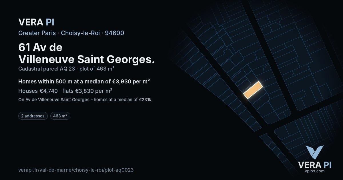 61 Av de Villeneuve Saint Georges, Choisy-le-Roi at night – the plot lit, the parcels around coloured by the prices near them