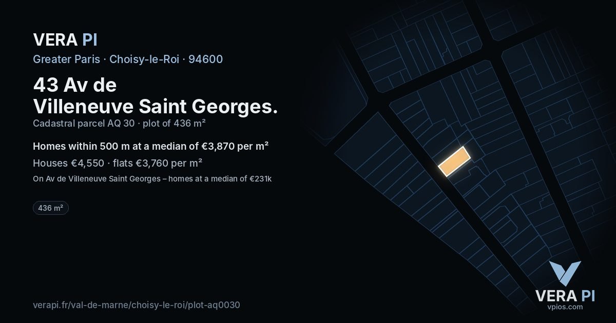 43 Av de Villeneuve Saint Georges, Choisy-le-Roi at night – the plot lit, the parcels around coloured by the prices near them