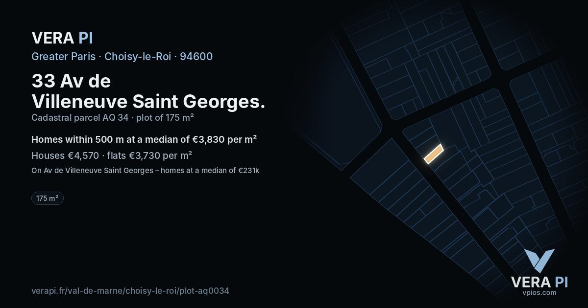 33 Av de Villeneuve Saint Georges, Choisy-le-Roi at night – the plot lit, the parcels around coloured by the prices near them
