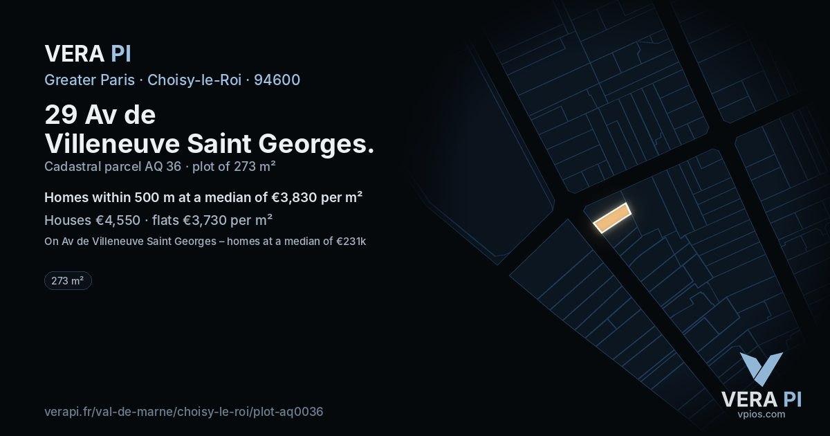 29 Av de Villeneuve Saint Georges, Choisy-le-Roi at night – the plot lit, the parcels around coloured by the prices near them