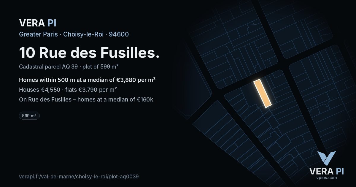 10 Rue des Fusilles, Choisy-le-Roi at night – the plot lit, the parcels around coloured by the prices near them