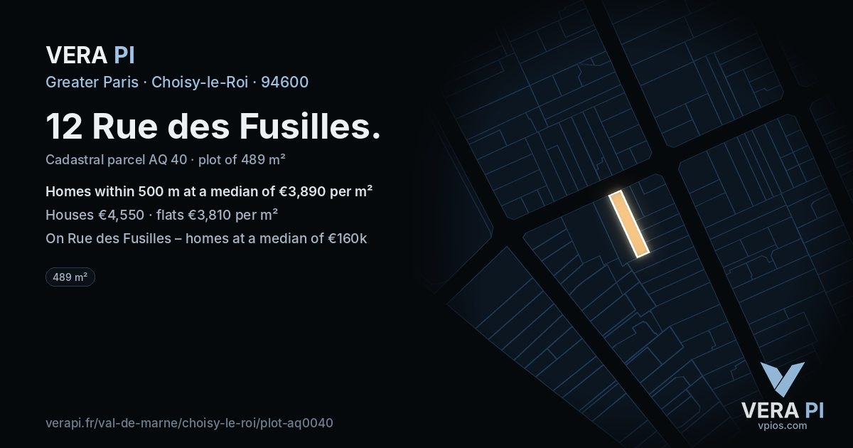 12 Rue des Fusilles, Choisy-le-Roi at night – the plot lit, the parcels around coloured by the prices near them