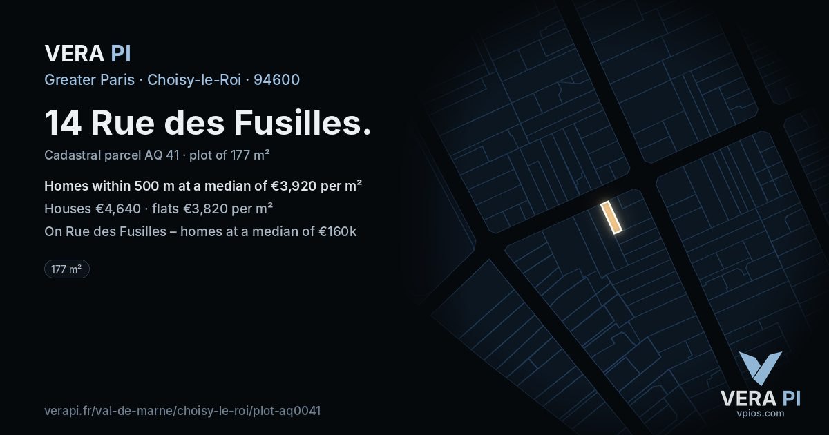 14 Rue des Fusilles, Choisy-le-Roi at night – the plot lit, the parcels around coloured by the prices near them