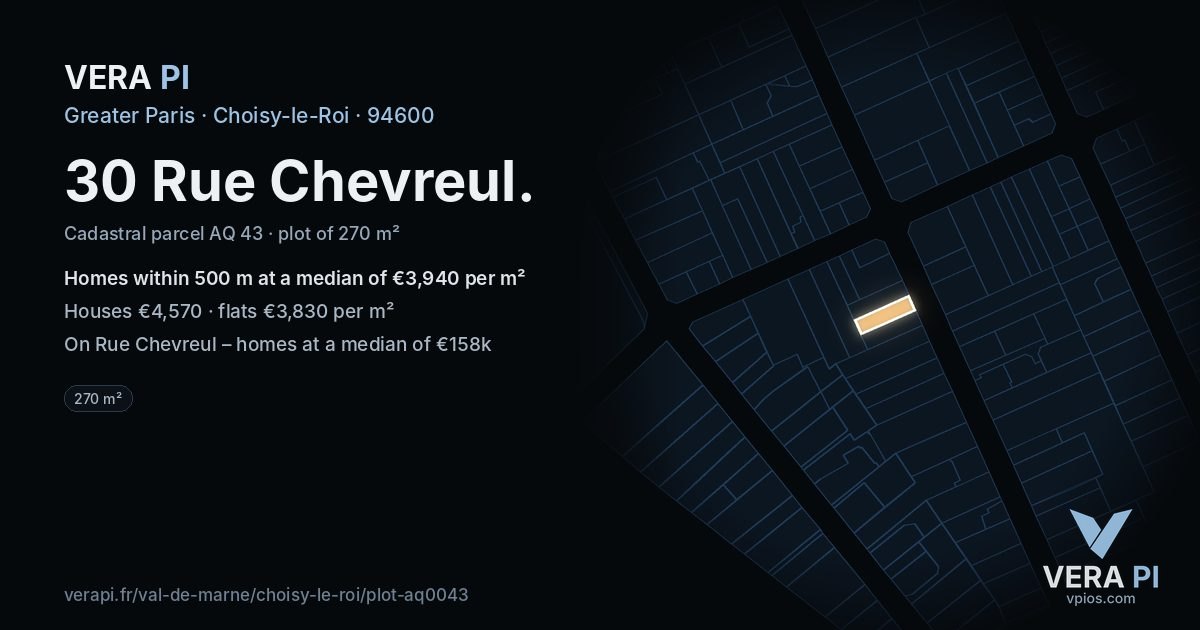 30 Rue Chevreul, Choisy-le-Roi at night – the plot lit, the parcels around coloured by the prices near them