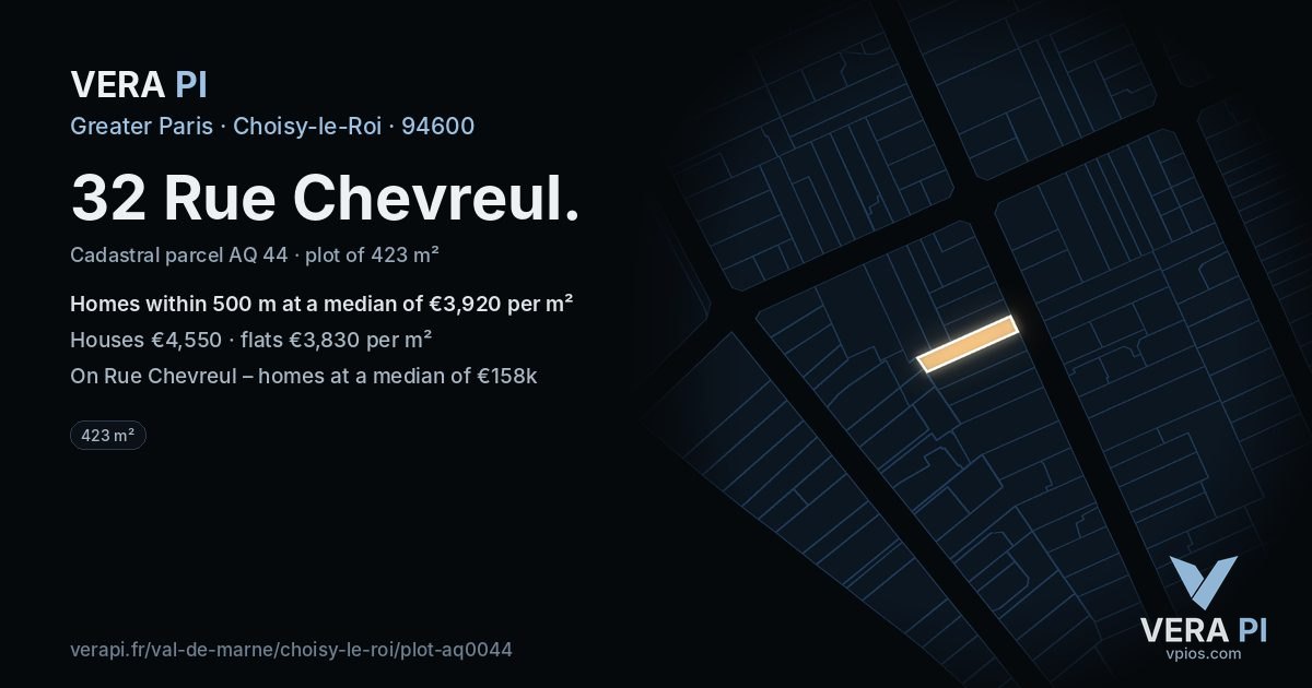 32 Rue Chevreul, Choisy-le-Roi at night – the plot lit, the parcels around coloured by the prices near them