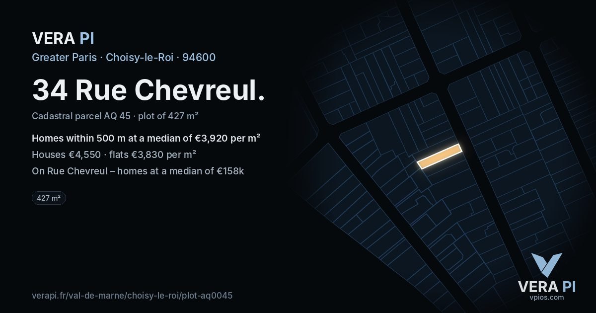 34 Rue Chevreul, Choisy-le-Roi at night – the plot lit, the parcels around coloured by the prices near them
