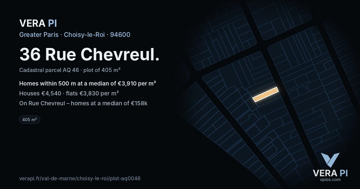 36 Rue Chevreul, Choisy-le-Roi at night – the plot lit, the parcels around coloured by the prices near them