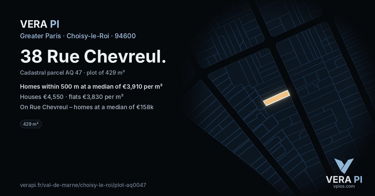 38 Rue Chevreul, Choisy-le-Roi at night – the plot lit, the parcels around coloured by the prices near them