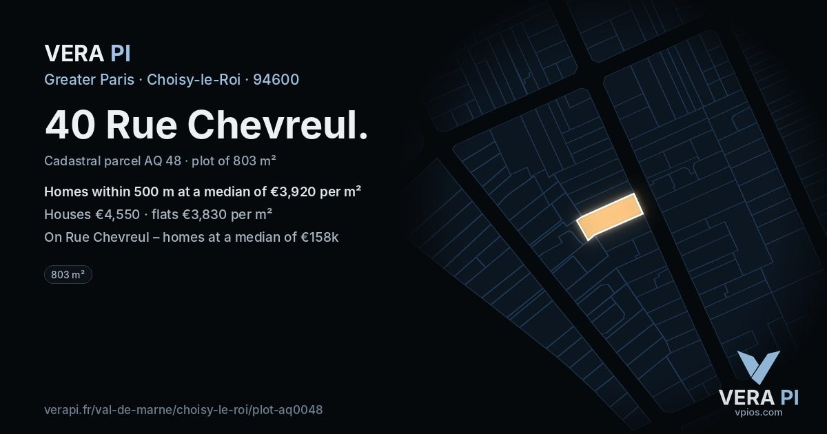 40 Rue Chevreul, Choisy-le-Roi at night – the plot lit, the parcels around coloured by the prices near them