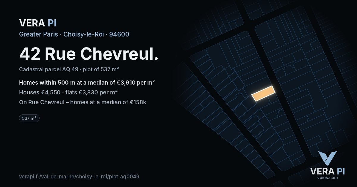 42 Rue Chevreul, Choisy-le-Roi at night – the plot lit, the parcels around coloured by the prices near them