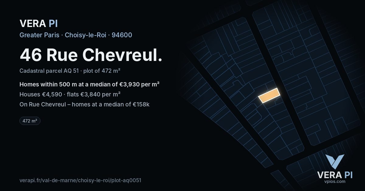 46 Rue Chevreul, Choisy-le-Roi at night – the plot lit, the parcels around coloured by the prices near them