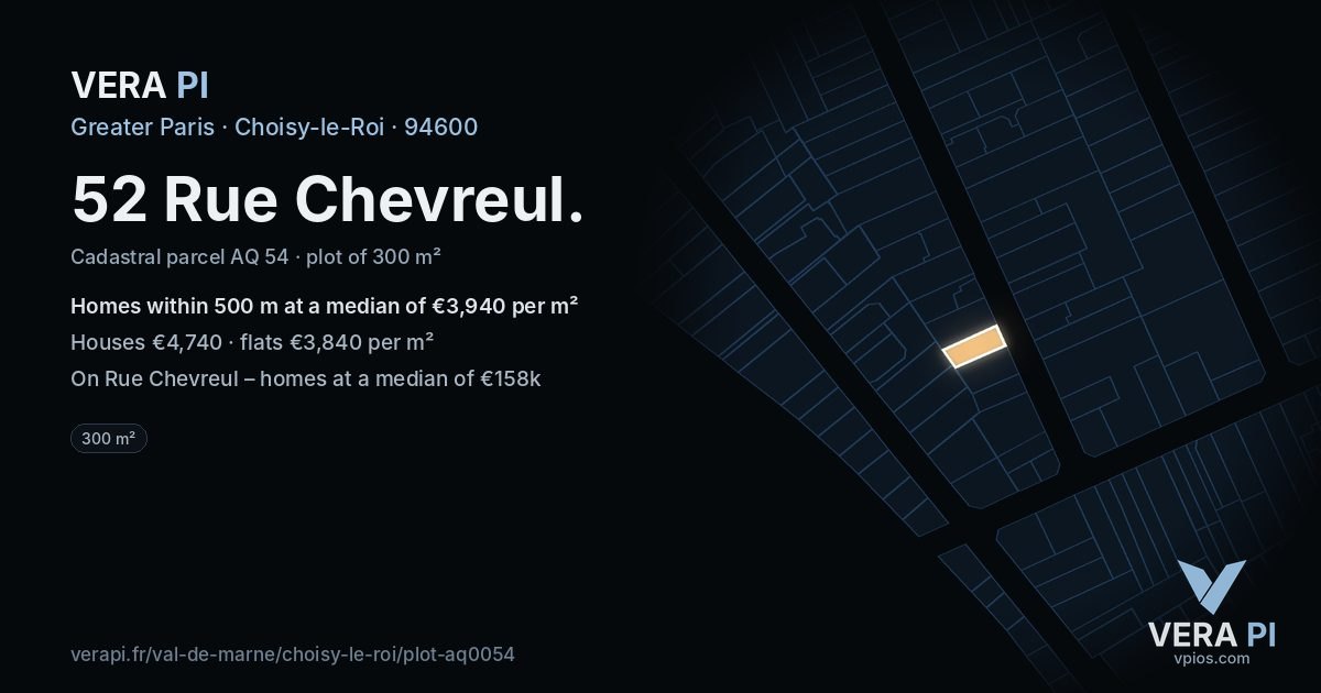 52 Rue Chevreul, Choisy-le-Roi at night – the plot lit, the parcels around coloured by the prices near them