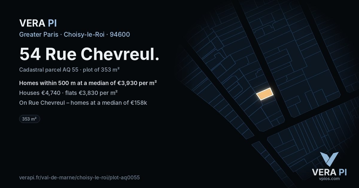 54 Rue Chevreul, Choisy-le-Roi at night – the plot lit, the parcels around coloured by the prices near them