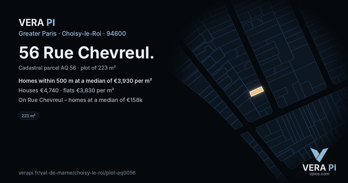 56 Rue Chevreul, Choisy-le-Roi at night – the plot lit, the parcels around coloured by the prices near them