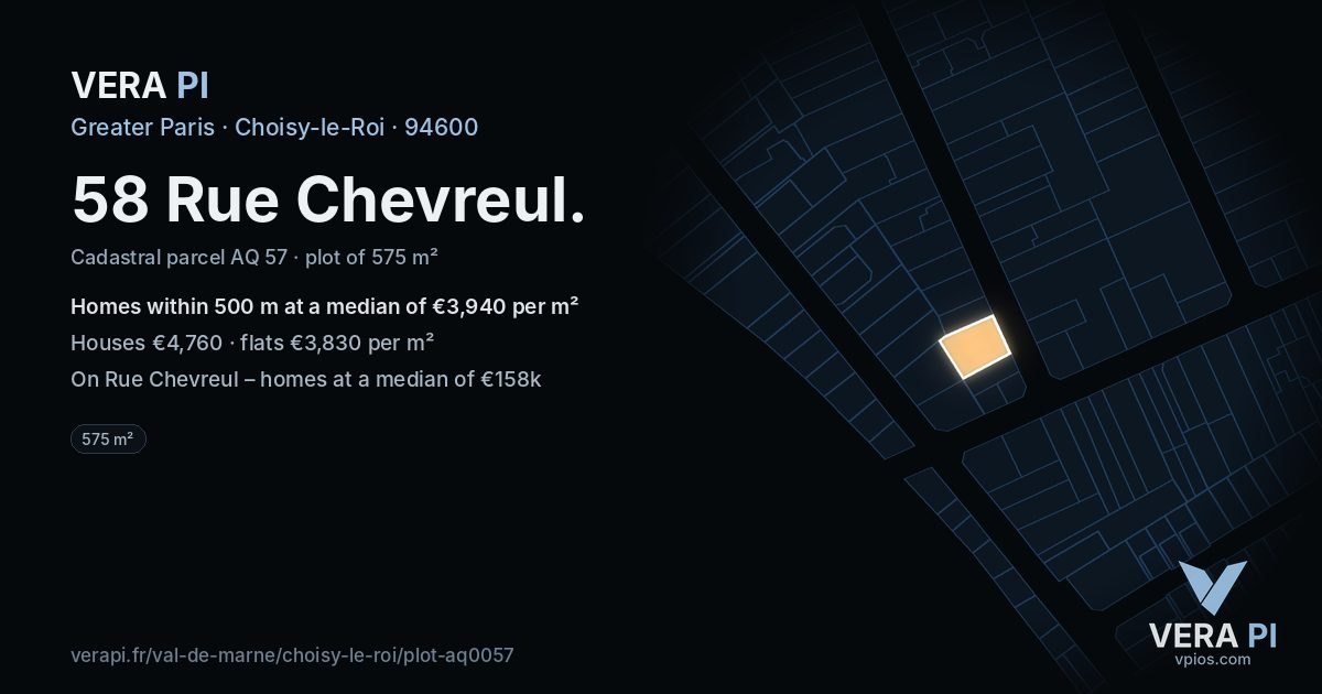 58 Rue Chevreul, Choisy-le-Roi at night – the plot lit, the parcels around coloured by the prices near them