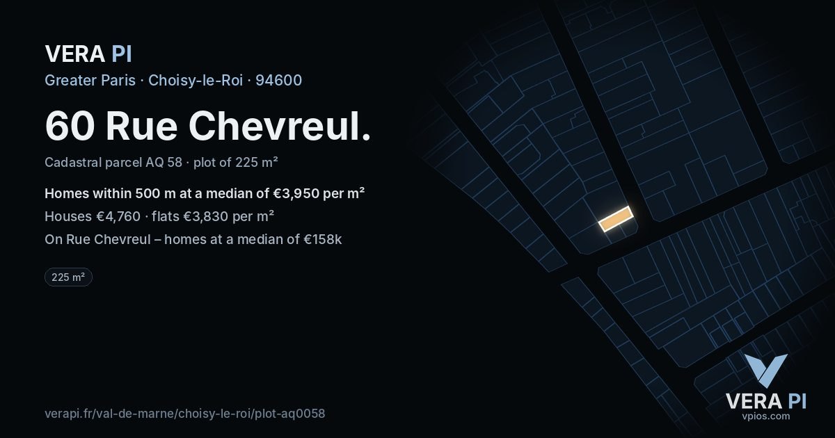 60 Rue Chevreul, Choisy-le-Roi at night – the plot lit, the parcels around coloured by the prices near them
