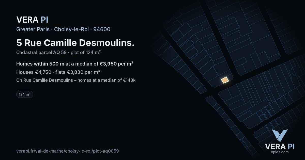 5 Rue Camille Desmoulins, Choisy-le-Roi at night – the plot lit, the parcels around coloured by the prices near them