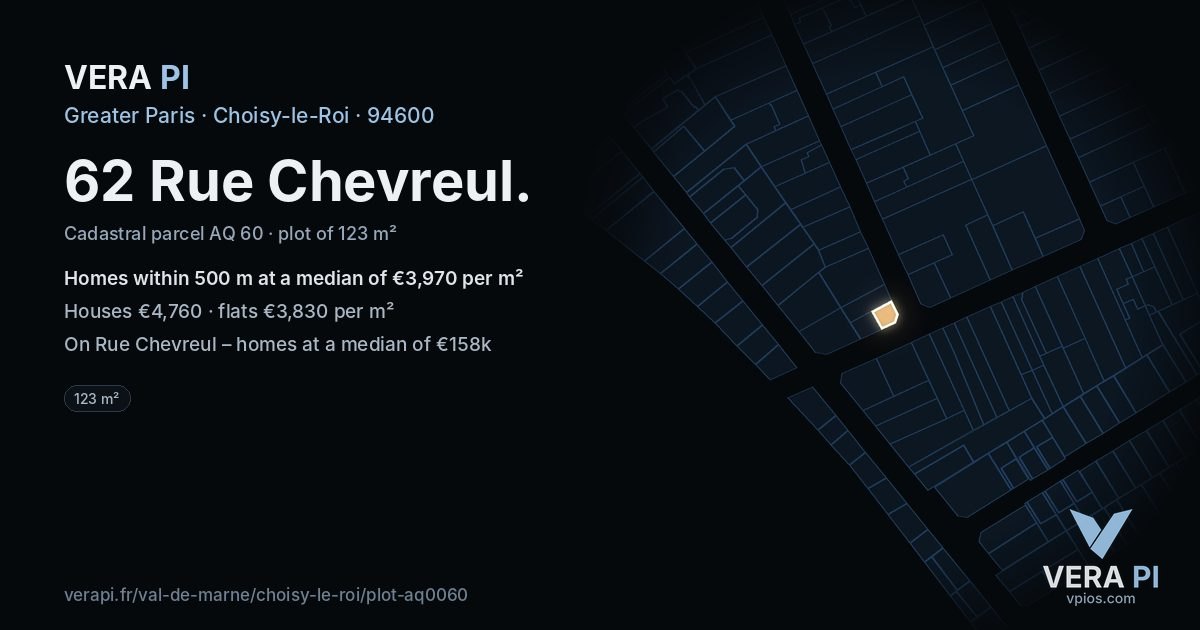 62 Rue Chevreul, Choisy-le-Roi at night – the plot lit, the parcels around coloured by the prices near them