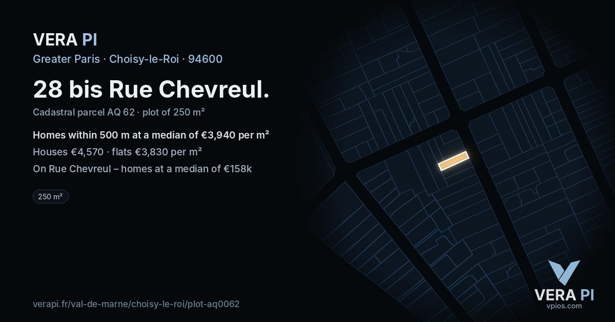 28 bis Rue Chevreul, Choisy-le-Roi at night – the plot lit, the parcels around coloured by the prices near them