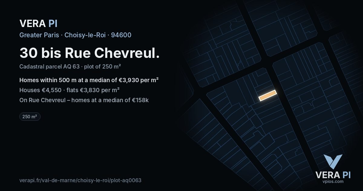 30 bis Rue Chevreul, Choisy-le-Roi at night – the plot lit, the parcels around coloured by the prices near them