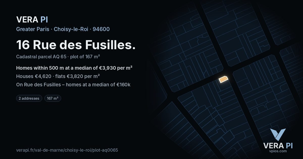 16 Rue des Fusilles, Choisy-le-Roi at night – the plot lit, the parcels around coloured by the prices near them