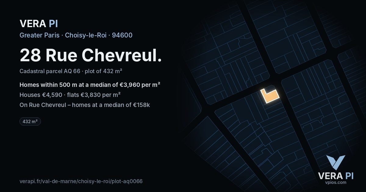 28 Rue Chevreul, Choisy-le-Roi at night – the plot lit, the parcels around coloured by the prices near them