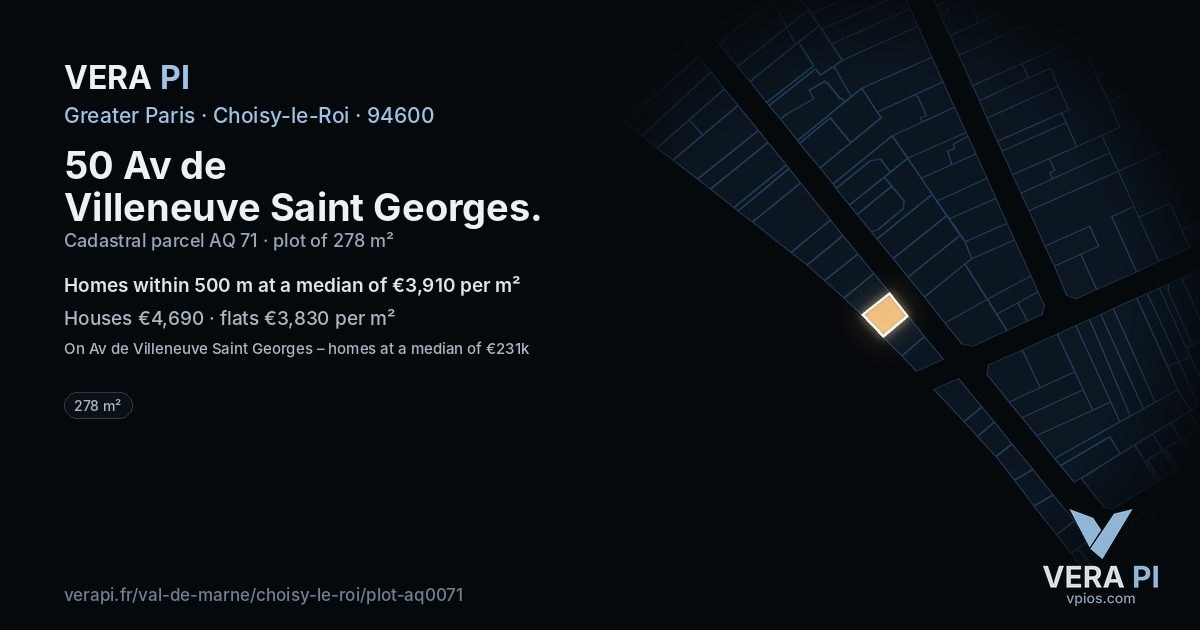 50 Av de Villeneuve Saint Georges, Choisy-le-Roi at night – the plot lit, the parcels around coloured by the prices near them