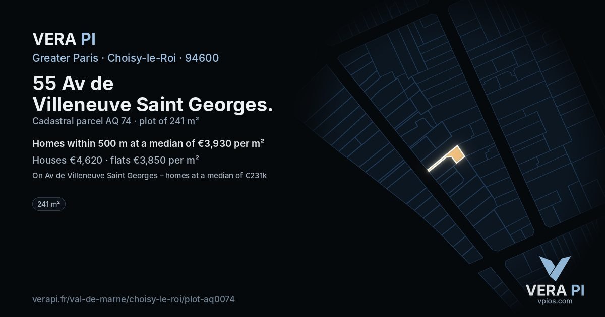 55 Av de Villeneuve Saint Georges, Choisy-le-Roi at night – the plot lit, the parcels around coloured by the prices near them