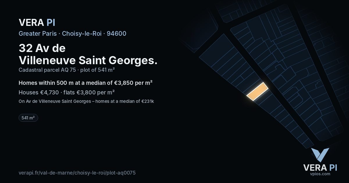 32 Av de Villeneuve Saint Georges, Choisy-le-Roi at night – the plot lit, the parcels around coloured by the prices near them