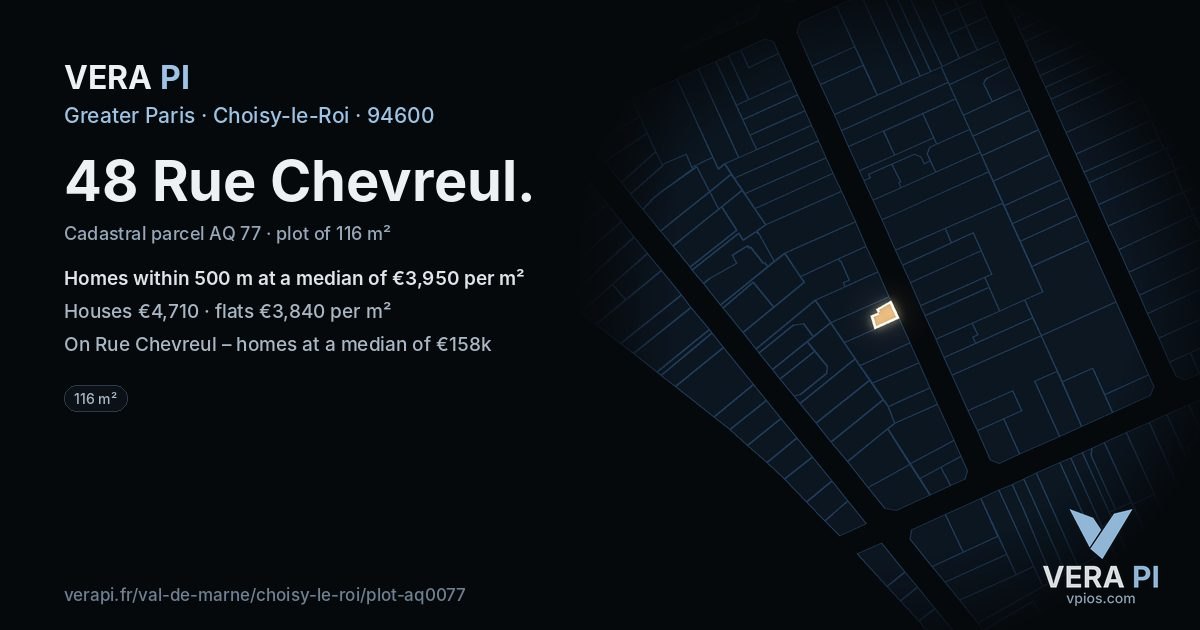 48 Rue Chevreul, Choisy-le-Roi at night – the plot lit, the parcels around coloured by the prices near them