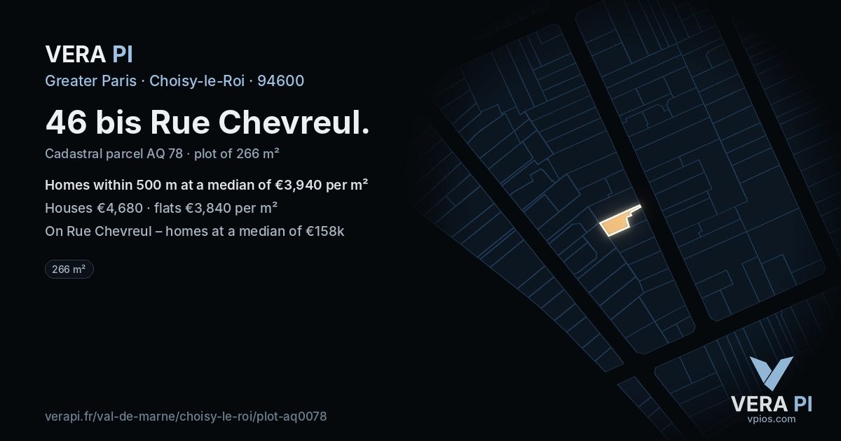 46 bis Rue Chevreul, Choisy-le-Roi at night – the plot lit, the parcels around coloured by the prices near them