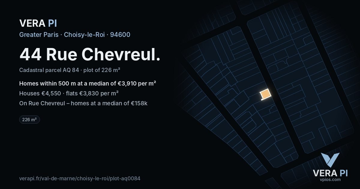 44 Rue Chevreul, Choisy-le-Roi at night – the plot lit, the parcels around coloured by the prices near them