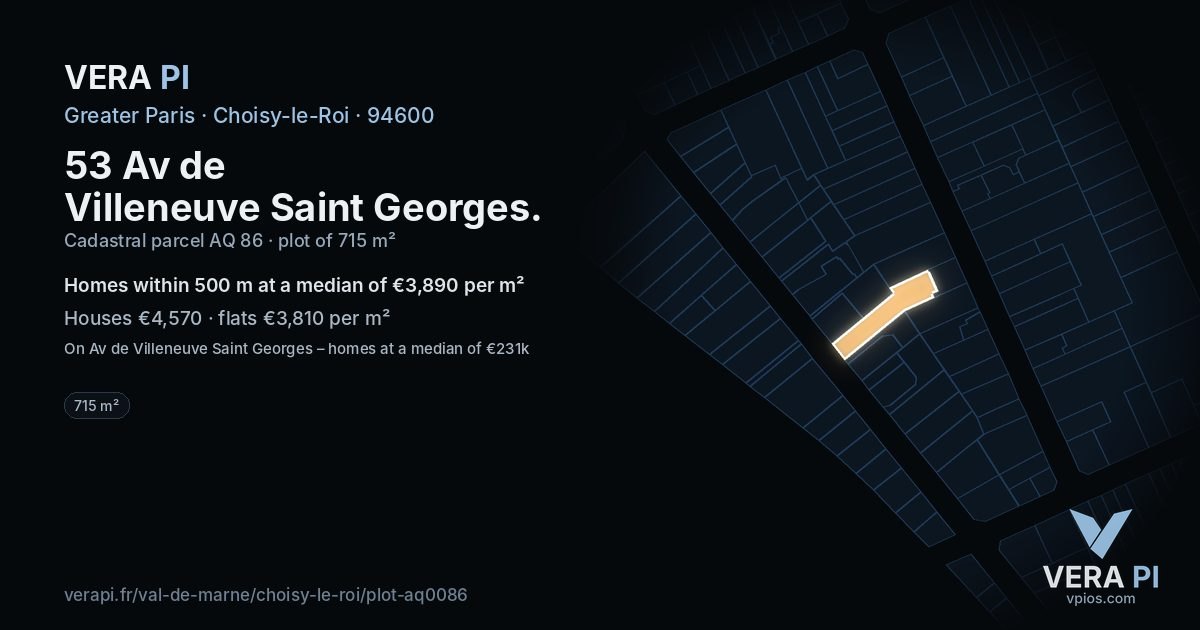 53 Av de Villeneuve Saint Georges, Choisy-le-Roi at night – the plot lit, the parcels around coloured by the prices near them