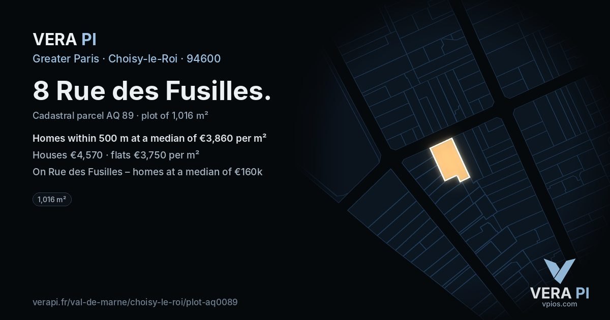 8 Rue des Fusilles, Choisy-le-Roi at night – the plot lit, the parcels around coloured by the prices near them