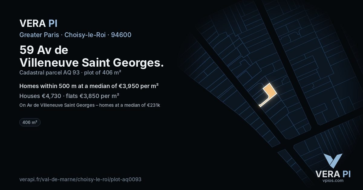 59 Av de Villeneuve Saint Georges, Choisy-le-Roi at night – the plot lit, the parcels around coloured by the prices near them