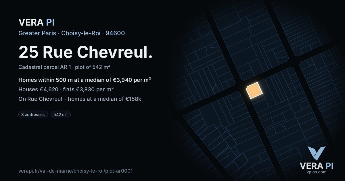 25 Rue Chevreul, Choisy-le-Roi at night – the plot lit, the parcels around coloured by the prices near them