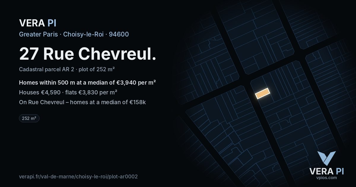 27 Rue Chevreul, Choisy-le-Roi at night – the plot lit, the parcels around coloured by the prices near them