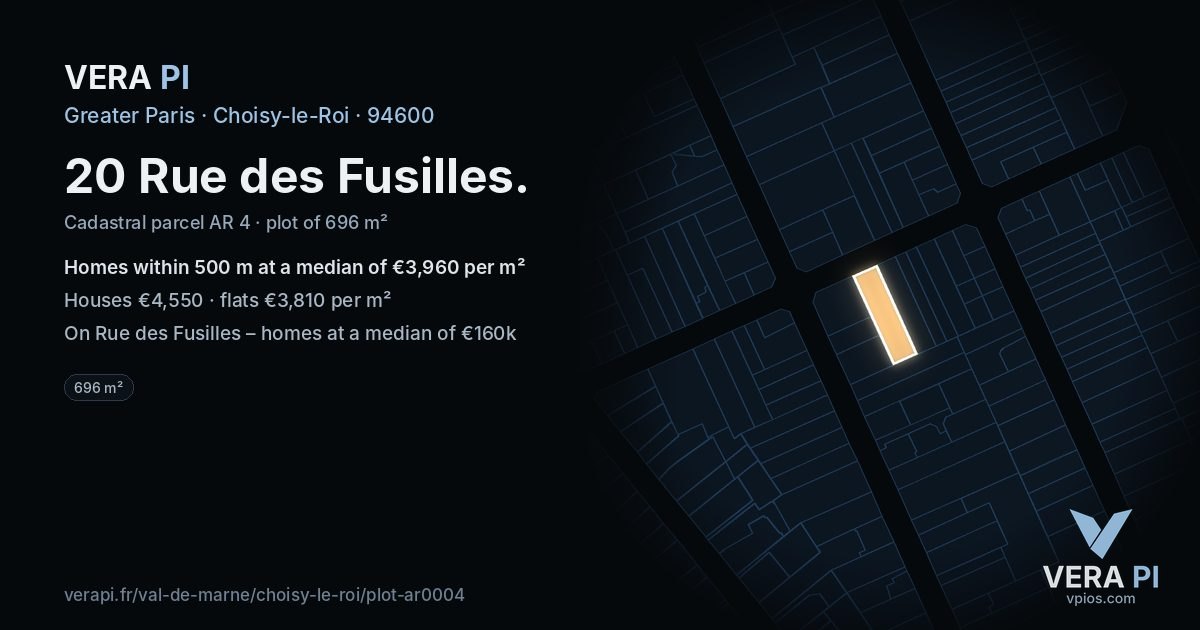 20 Rue des Fusilles, Choisy-le-Roi at night – the plot lit, the parcels around coloured by the prices near them