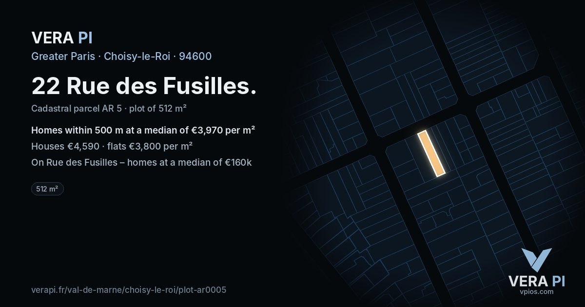 22 Rue des Fusilles, Choisy-le-Roi at night – the plot lit, the parcels around coloured by the prices near them
