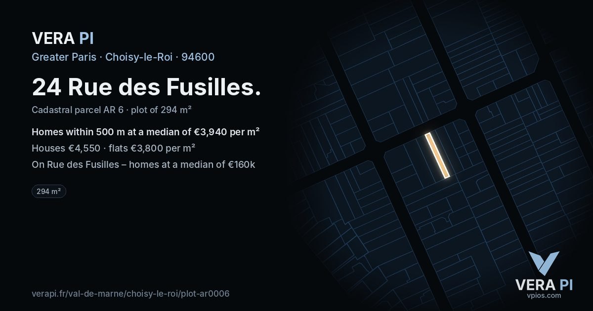 24 Rue des Fusilles, Choisy-le-Roi at night – the plot lit, the parcels around coloured by the prices near them
