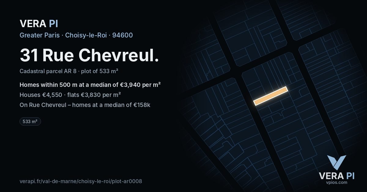 31 Rue Chevreul, Choisy-le-Roi at night – the plot lit, the parcels around coloured by the prices near them