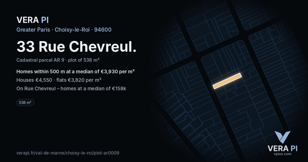 33 Rue Chevreul, Choisy-le-Roi at night – the plot lit, the parcels around coloured by the prices near them