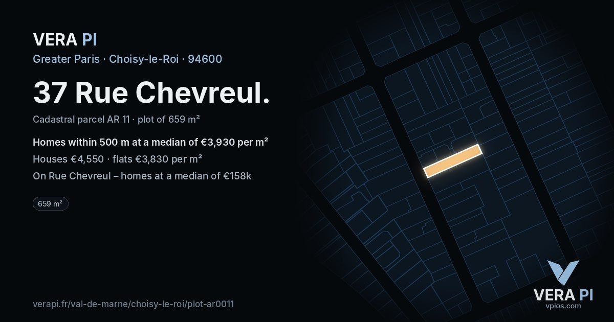37 Rue Chevreul, Choisy-le-Roi at night – the plot lit, the parcels around coloured by the prices near them