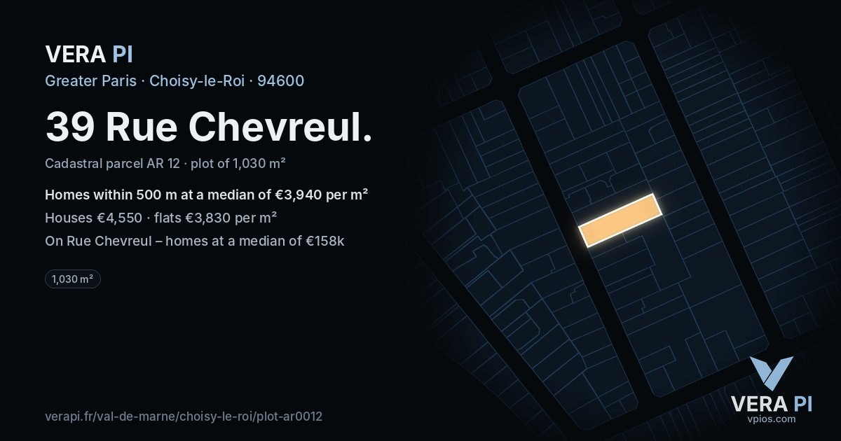 39 Rue Chevreul, Choisy-le-Roi at night – the plot lit, the parcels around coloured by the prices near them
