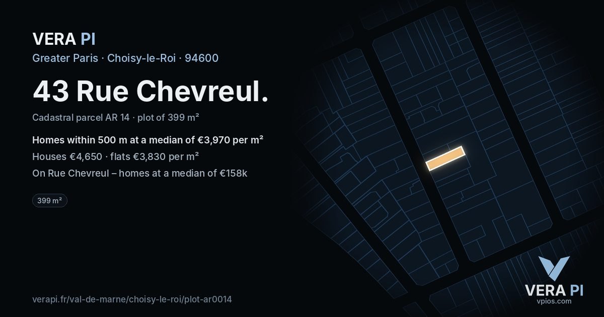 43 Rue Chevreul, Choisy-le-Roi at night – the plot lit, the parcels around coloured by the prices near them