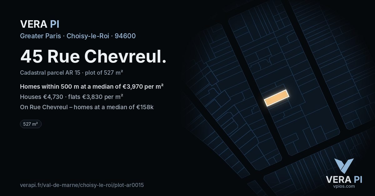 45 Rue Chevreul, Choisy-le-Roi at night – the plot lit, the parcels around coloured by the prices near them