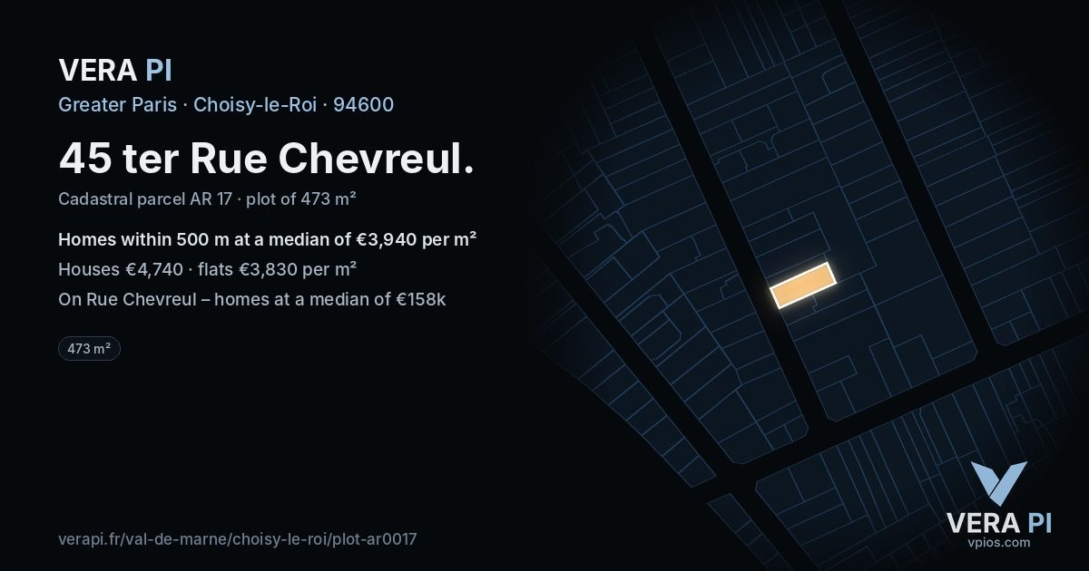 45 ter Rue Chevreul, Choisy-le-Roi at night – the plot lit, the parcels around coloured by the prices near them