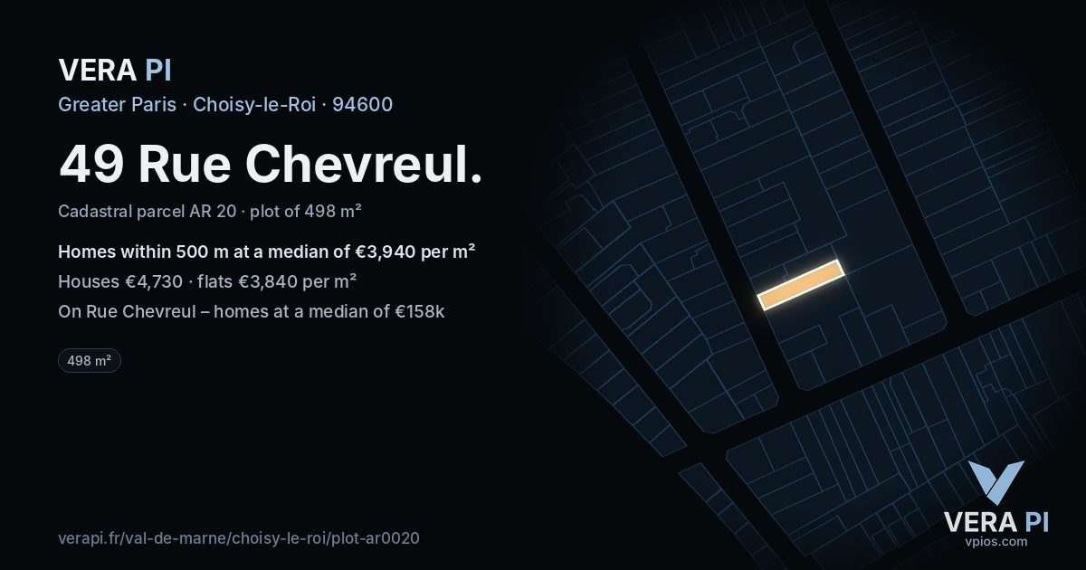 49 Rue Chevreul, Choisy-le-Roi at night – the plot lit, the parcels around coloured by the prices near them