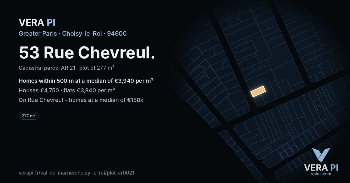 53 Rue Chevreul, Choisy-le-Roi at night – the plot lit, the parcels around coloured by the prices near them