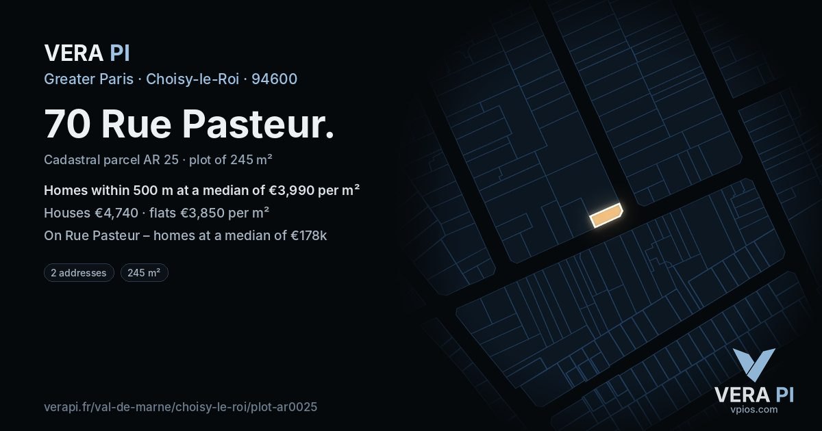 70 Rue Pasteur, Choisy-le-Roi at night – the plot lit, the parcels around coloured by the prices near them